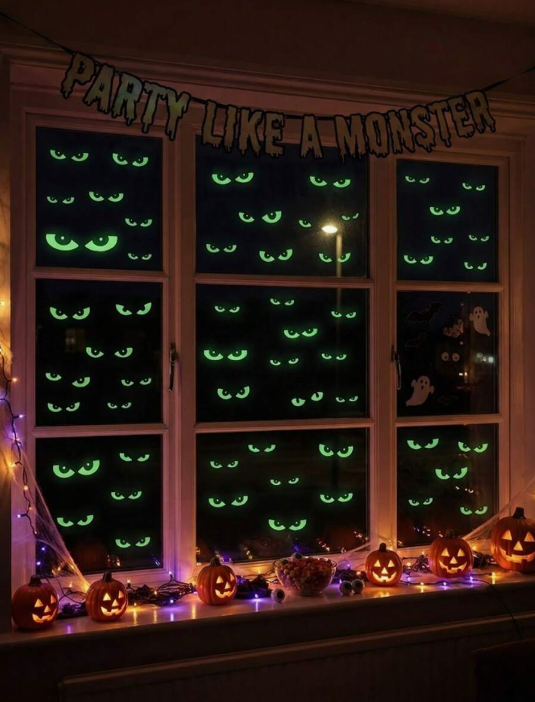64pcs Glow-In-The-Dark Halloween Window Sticker Set, Luminous Window Decals, Glowing Halloween Night Party Stickers, Removable Fluorescent Halloween Stair Wall Stickers, Reusable Window Decals