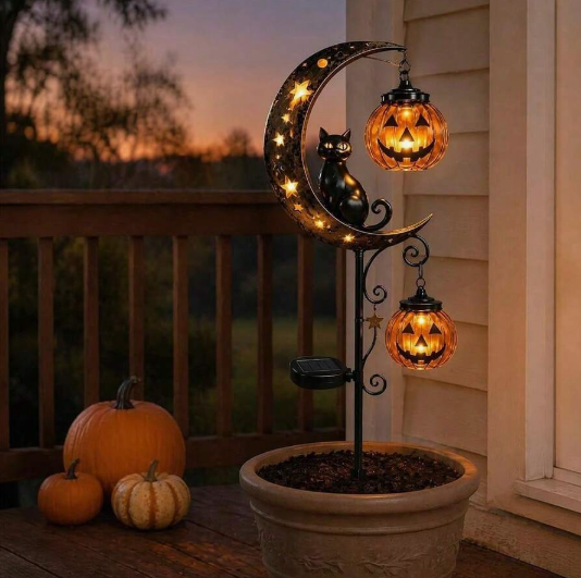 Halloween Decor,Fall Decor,Solar Halloween Black Cat & Pumpkin Moon Garden Stake Light