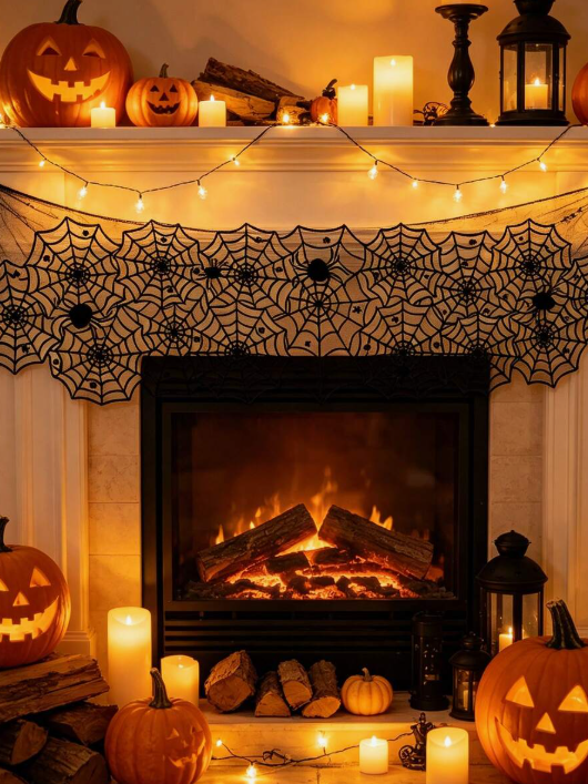 1pc Halloween Black Lace Fireplace Mantel Scarf Cover, Spider Web Fireplace Cover, Halloween Fireplace Frame Decoration, Halloween Decoration, Bedside Table Decoration