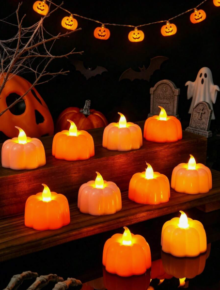 12pc Pumpkin Flameless LED Tea Light Candles (Battery Operated), Halloween Pumpkin Tea Lights, Autumn Decor, Harvest Festival Table Decoration Lights, Suitable For Home Dining Table