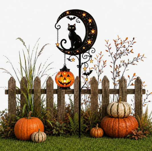 Halloween Decor,Fall Decor,Solar Halloween Black Cat & Pumpkin Moon Garden Stake Light